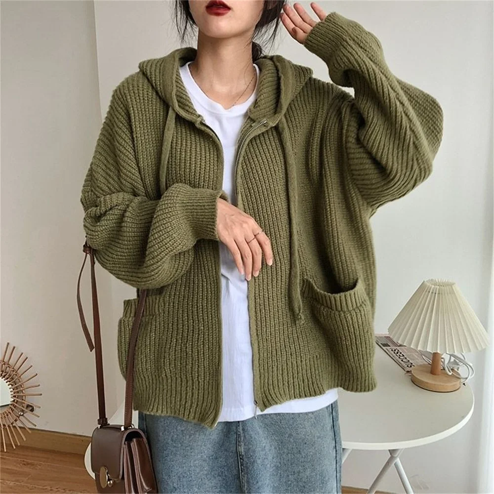 Woman Japanese Retro Hooded Knitted Cardigan Female Autumn Winter Zipper Pockets Sweater Coat Women Casual Loose Solid Knitwear