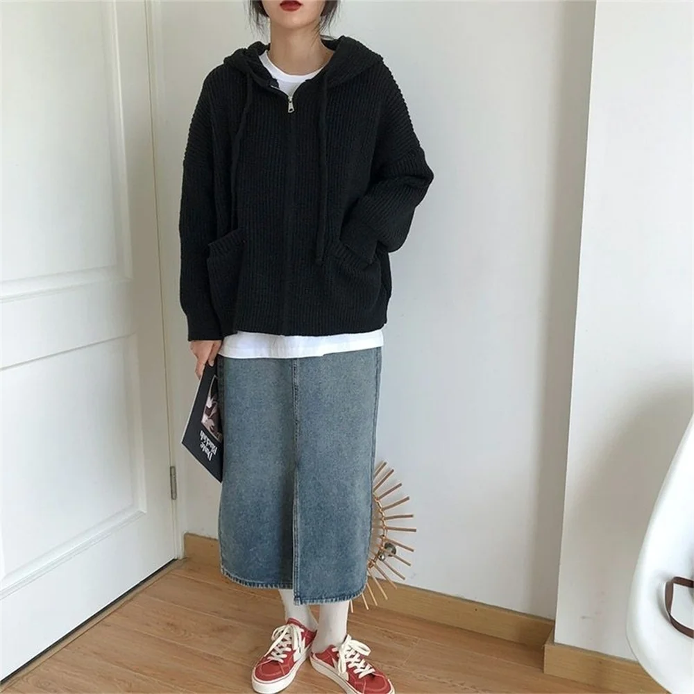 Woman Japanese Retro Hooded Knitted Cardigan Female Autumn Winter Zipper Pockets Sweater Coat Women Casual Loose Solid Knitwear