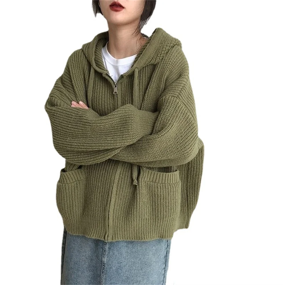 Woman Japanese Retro Hooded Knitted Cardigan Female Autumn Winter Zipper Pockets Sweater Coat Women Casual Loose Solid Knitwear
