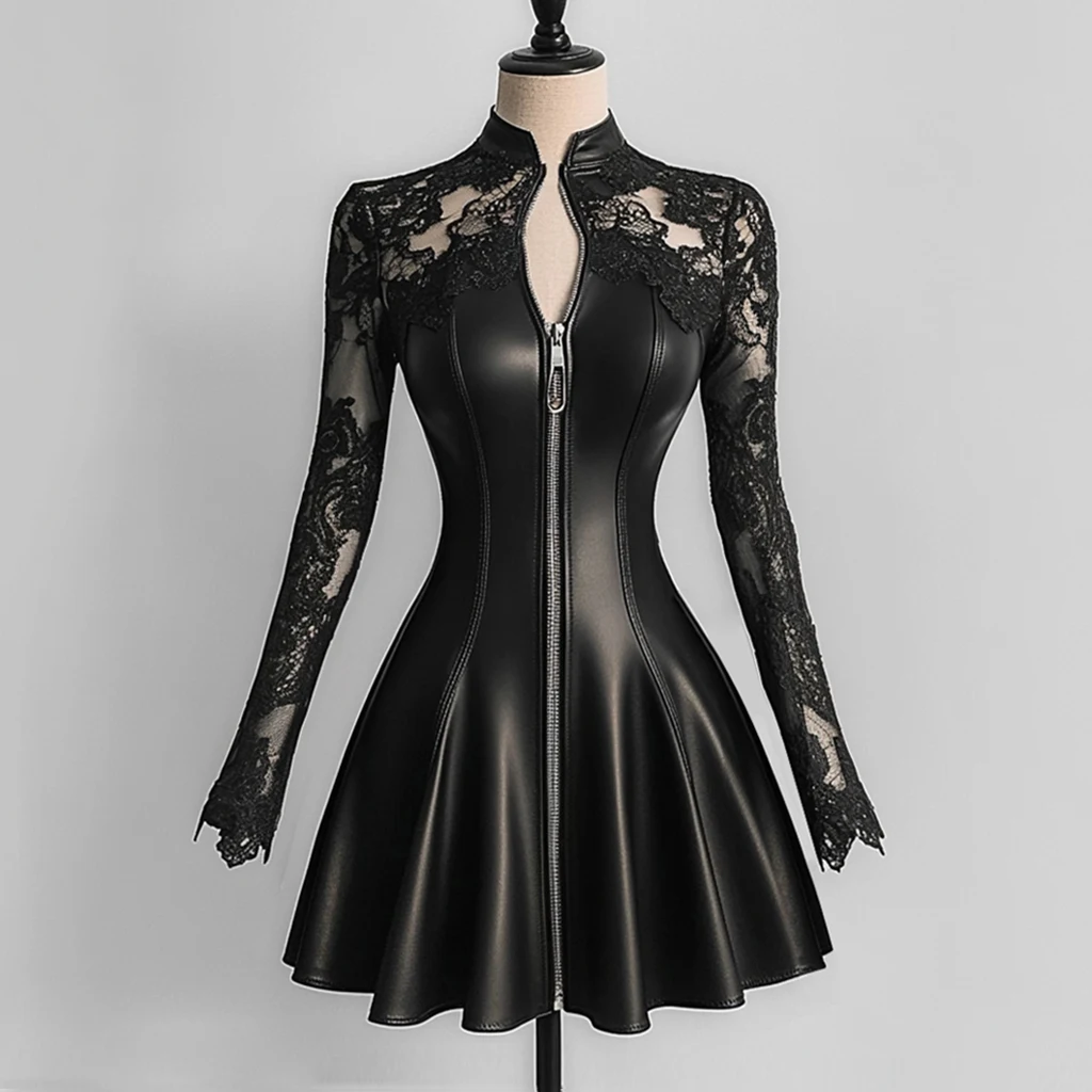 Fashionable PU Leather Lace Patchwork Waist-Cinching Dress Autumn Winter New Arrival Long Sleeve Zipper Sexy Party Mini Dress