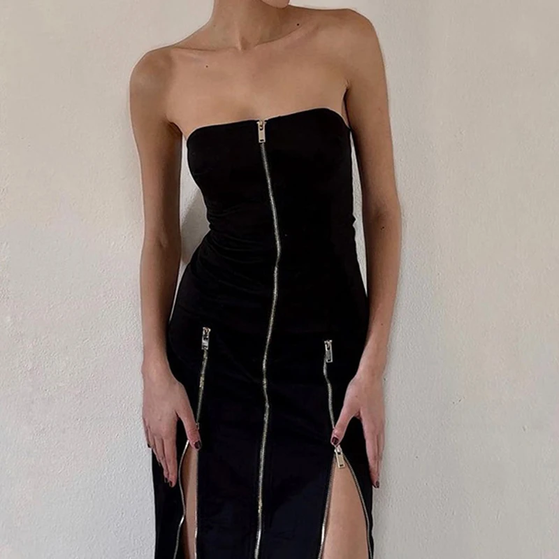 Goth Dark Techwear Fashion Zip Up Midi Dresses Cyber Y2k Mall Gothic Split Women Tube Dress Partywear Punk Off Shoulder Outfits