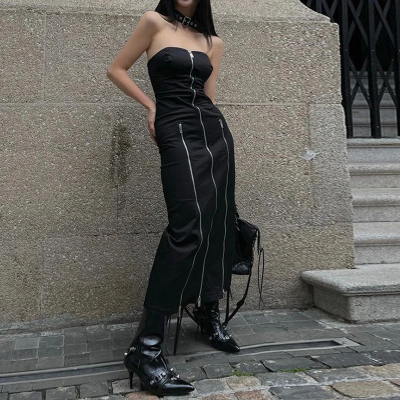 Goth Dark Techwear Fashion Zip Up Midi Dresses Cyber Y2k Mall Gothic Split Women Tube Dress Partywear Punk Off Shoulder Outfits