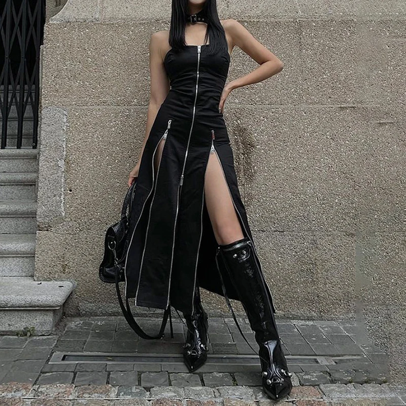 Goth Dark Techwear Fashion Zip Up Midi Dresses Cyber Y2k Mall Gothic Split Women Tube Dress Partywear Punk Off Shoulder Outfits