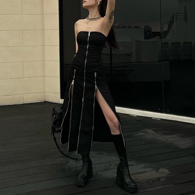 Goth Dark Techwear Fashion Zip Up Midi Dresses Cyber Y2k Mall Gothic Split Women Tube Dress Partywear Punk Off Shoulder Outfits