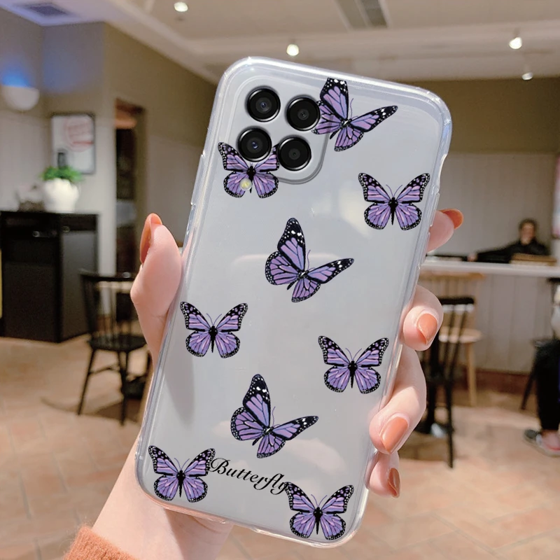 For Samsung Galaxy M33 5G Case Cover Cute Butterfly Flowers Protective Phone Case For Samsung M14 M15 M54 M55 M34 Transparent