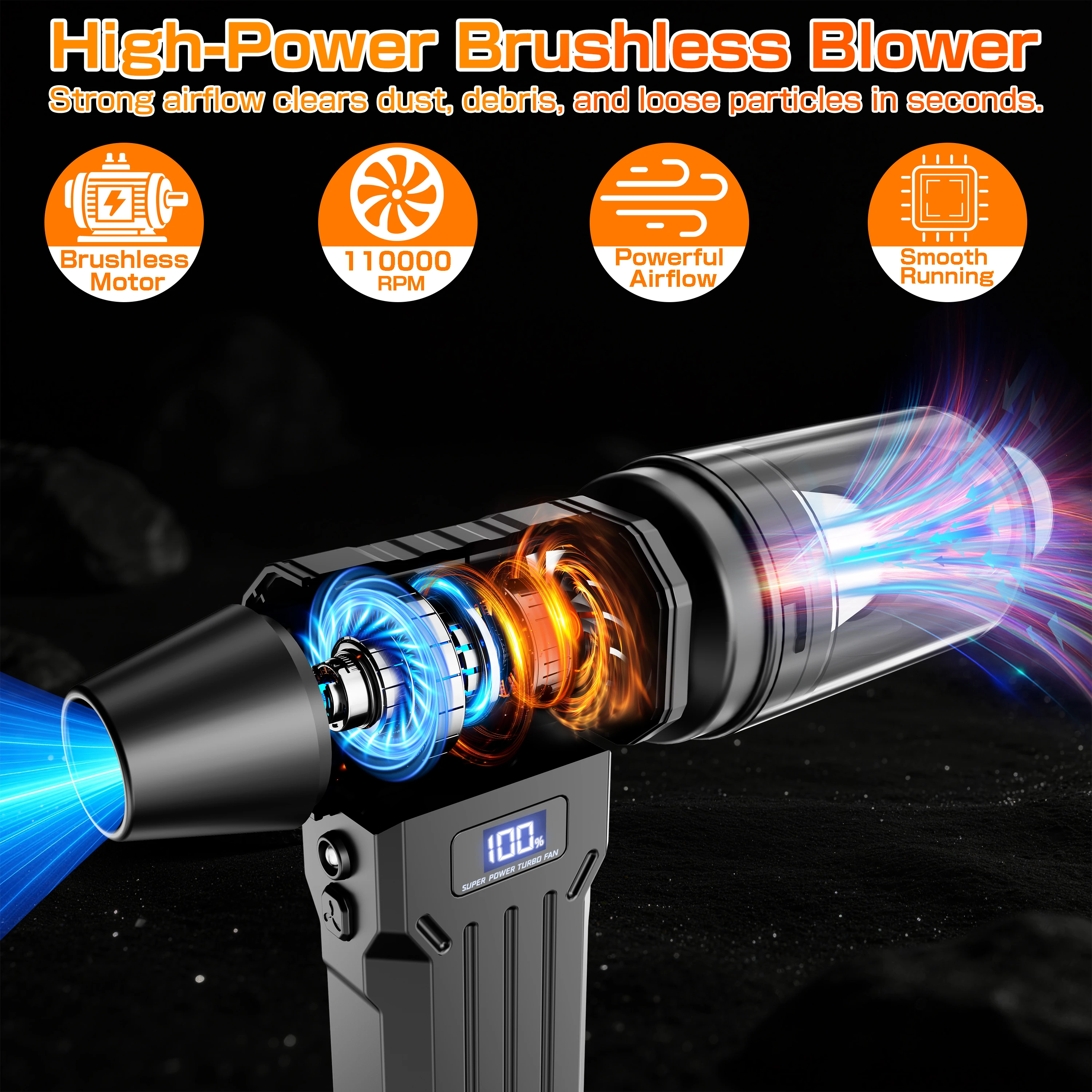 Car Vacuum Cleaner Turbo Fan Air Blower Cleaning Tools Air Duster Electric Dust Collector Hair Dryer for RV Truck Trailer Home Outdoors Camping Universal Auto Accessories