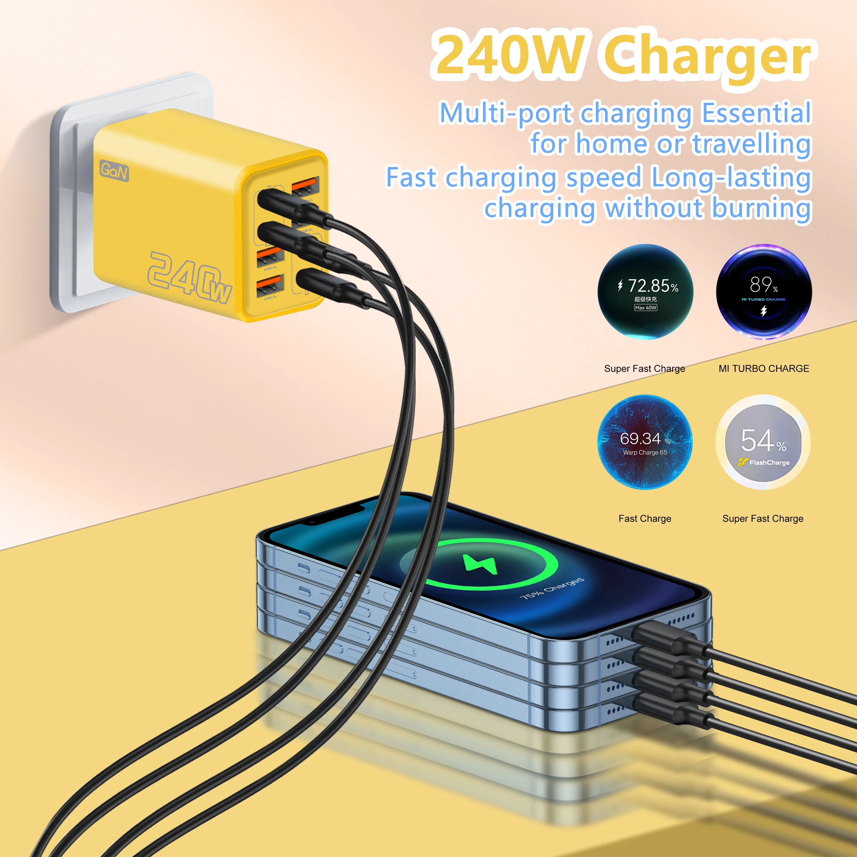 8 in 1 GaN USB C Desktop Charger 240W Fast Charge Phone Adapter Type C Cable For iPhone Samsung Xiaomi EU/US/UK Plug Charger
