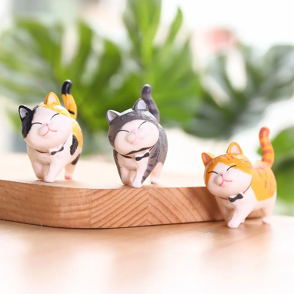 Mini Kitten Statue Simulation Animal Model Cartoon Funny Cat Figurine With Bowknot Design Desktop Ornament Dollhouse Decor