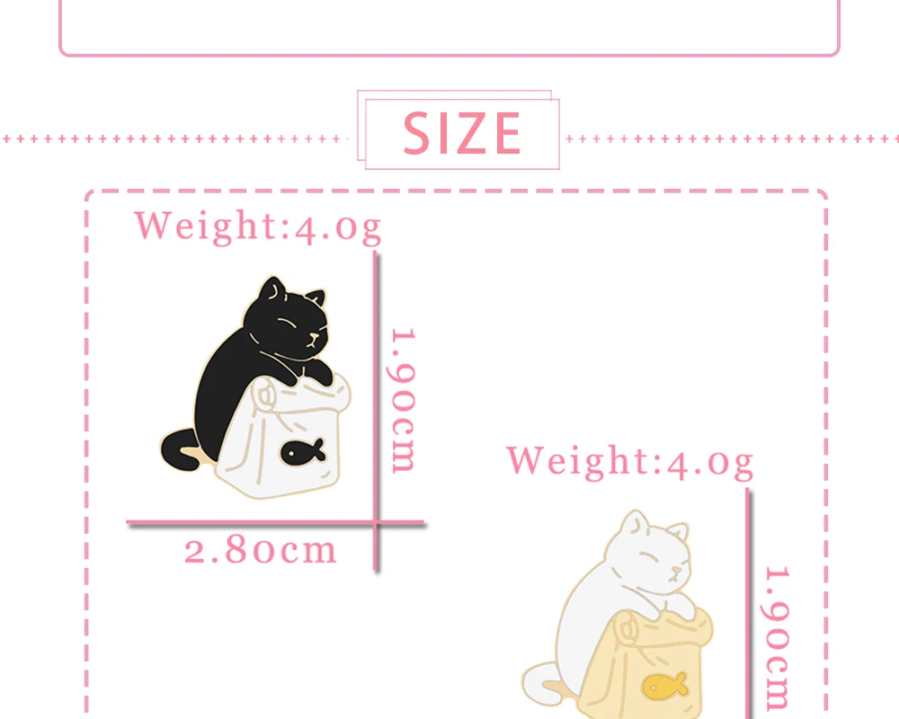 Cute Black White Cats Enamel Pins Dried Fish Bag Brooch Cartoon Animal Badges Denim Lapel Pin Jewelry Gift for Kids Best Friends