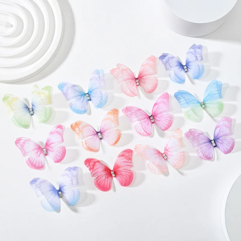 5cm 20pcs Double Sweet Butterfly Appliqued 3D Simulation Mesh Dreamy Bouquet Patch For DIY Handmade Hairband Nail Decoration