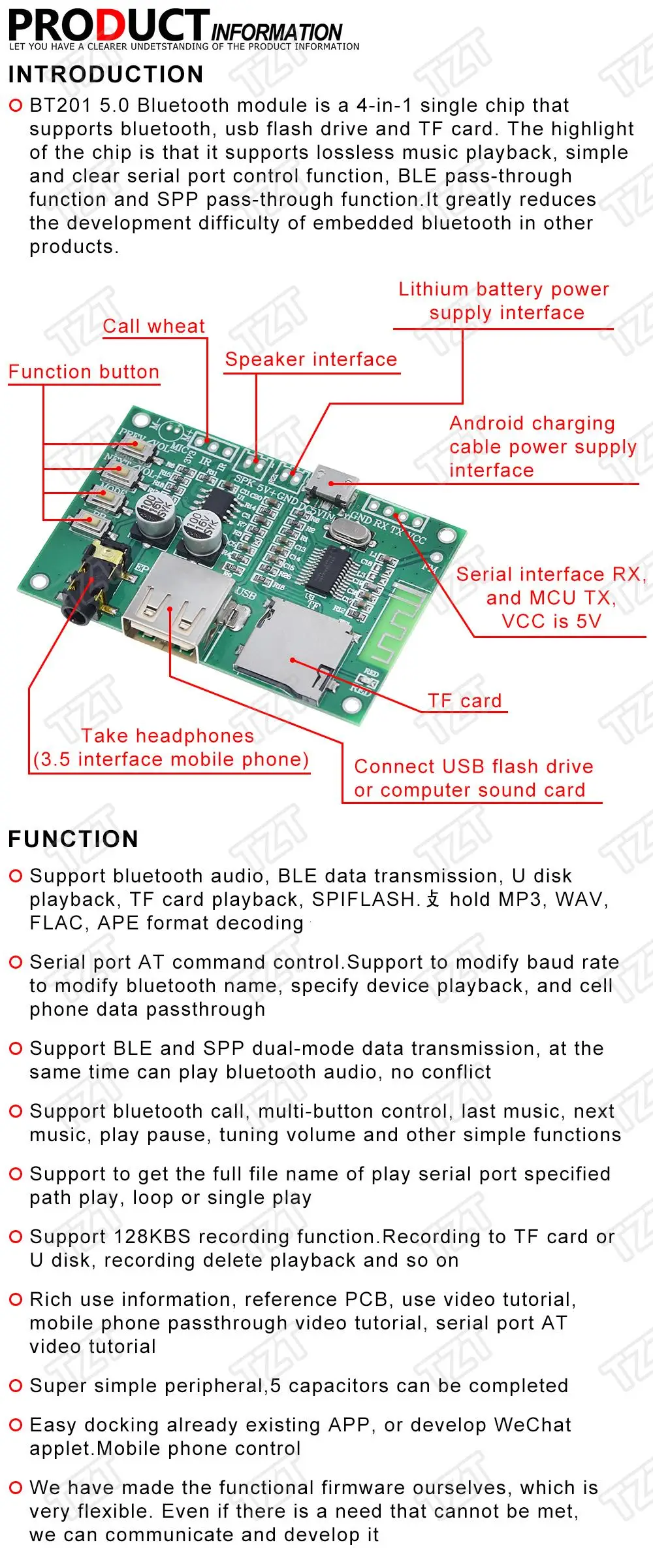 BT201 Dual Mode 5.0 Bluetooth Lossless Audio Power Amplifier Board Module Tf Card U Disk Ble Spp Serial Port Transparent Trans