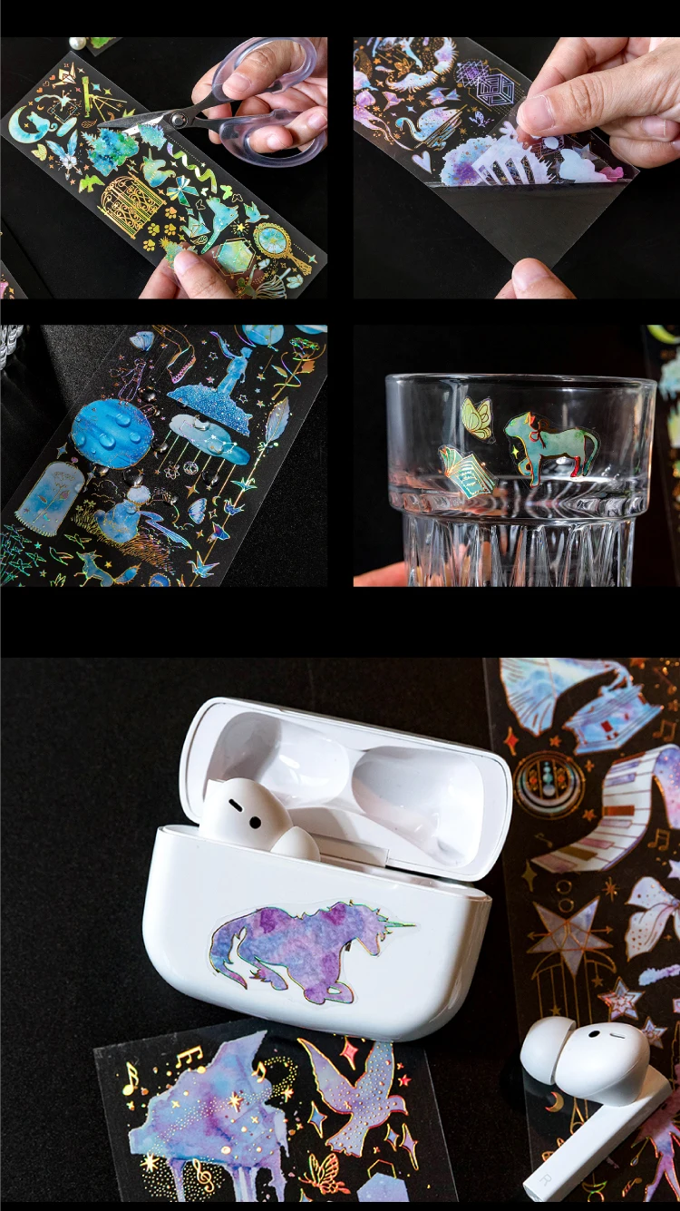 3 Sheets Bronzing PET stickers Dream Unicorn Literary Cats Music Clouds Hand Account DIY Material Decorative Stickers