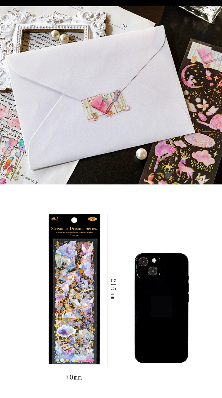 3 Sheets Bronzing PET stickers Dream Unicorn Literary Cats Music Clouds Hand Account DIY Material Decorative Stickers