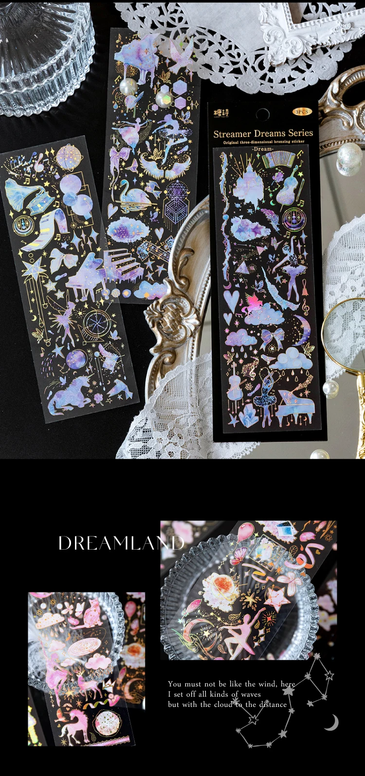3 Sheets Bronzing PET stickers Dream Unicorn Literary Cats Music Clouds Hand Account DIY Material Decorative Stickers