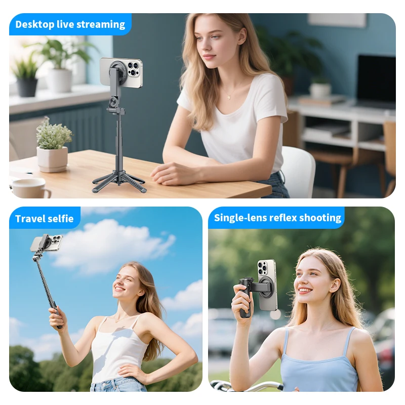 Magnetic Phone Holder Pocket Selfie Stick Retractable Four-corner Stand With Bluetooth for Smartphone Live Streaming Shooting