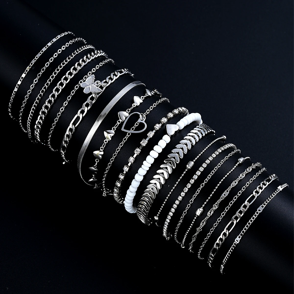 19Pcs/Set New Design Silver Color Anklet Sets for Women Fashion Pearl Butterfly Heart Crystal Foot Chain Versatile Daily Jewelry