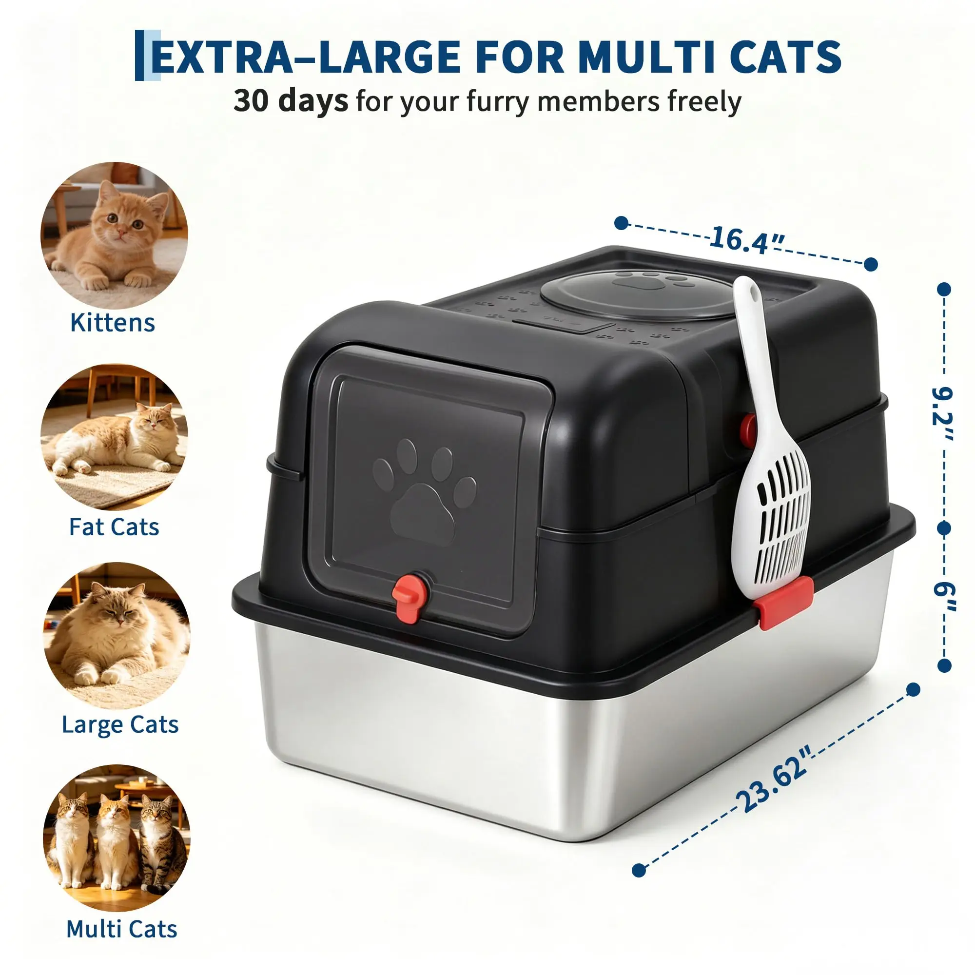 Enclosed Stainless Steel Litter Box With Lid Dog Proof XL Metal Litter Pan High Sided Anti Leak Front Entry Top Exit For Big Cats Includes Scoop For Multi Cat Home