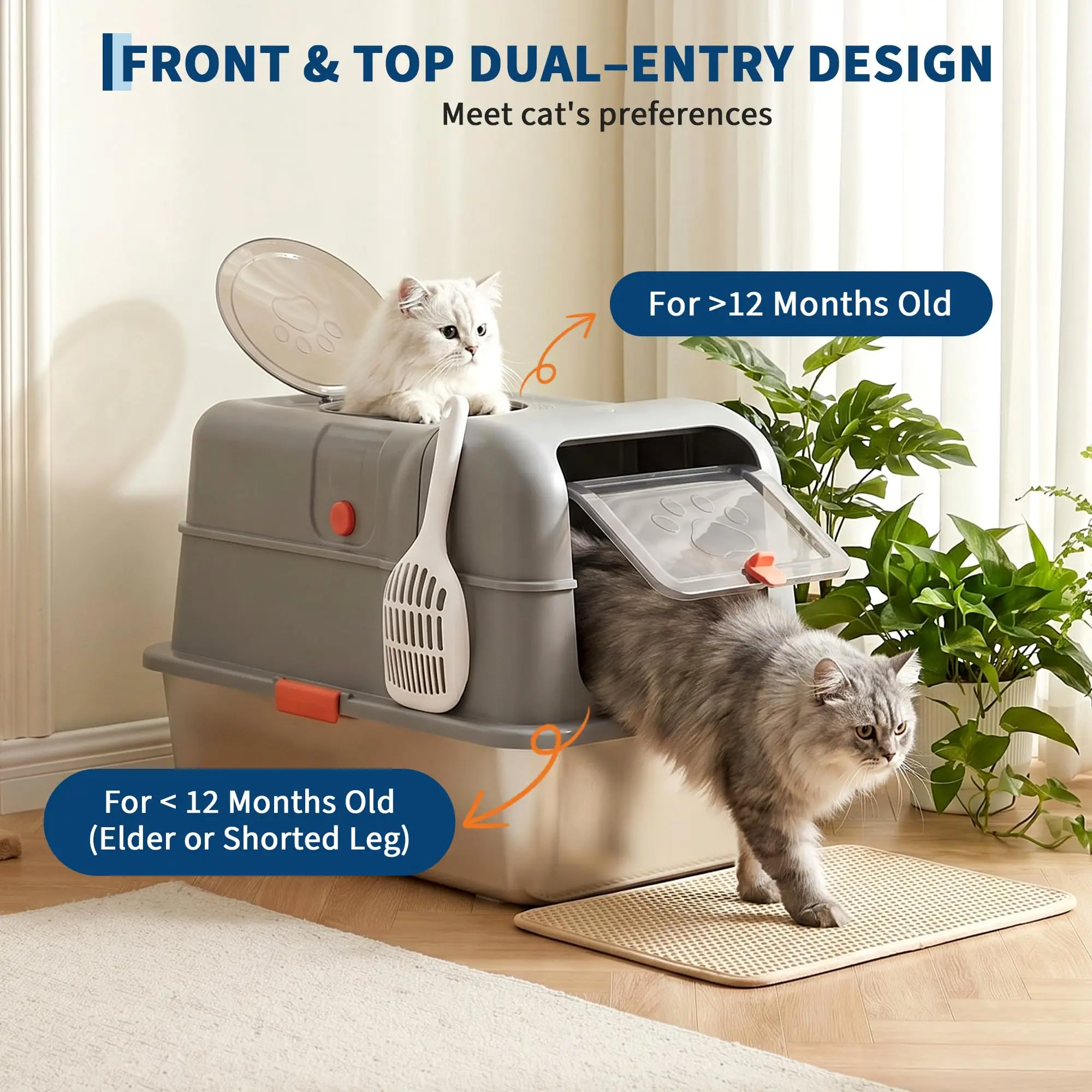 Enclosed Stainless Steel Litter Box With Lid Dog Proof XL Metal Litter Pan High Sided Anti Leak Front Entry Top Exit For Big Cats Includes Scoop For Multi Cat Home