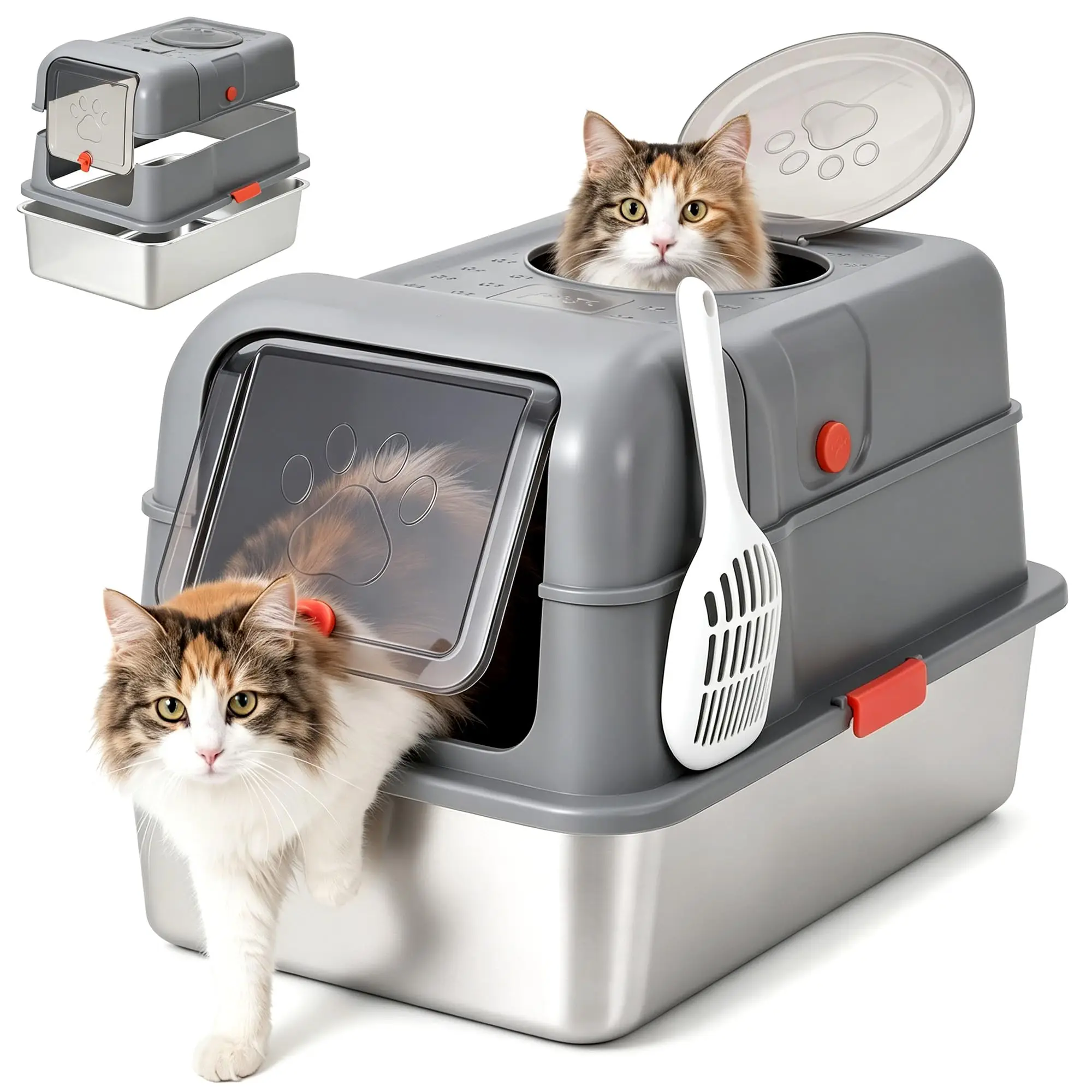 Enclosed Stainless Steel Litter Box With Lid Dog Proof XL Metal Litter Pan High Sided Anti Leak Front Entry Top Exit For Big Cats Includes Scoop For Multi Cat Home