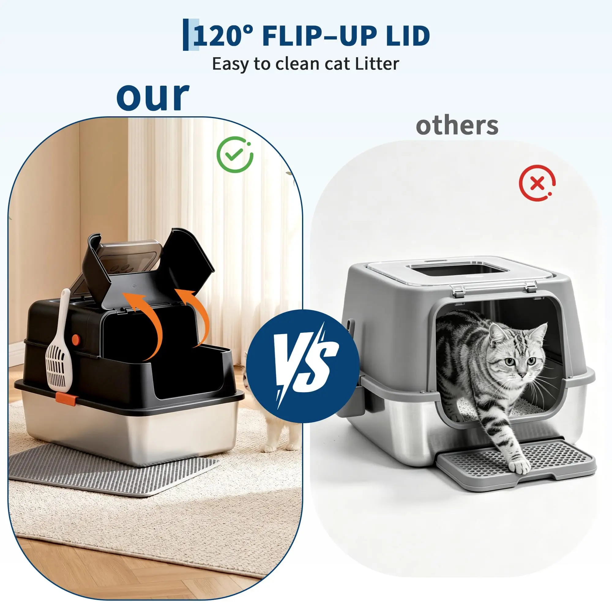 Enclosed Stainless Steel Litter Box With Lid Dog Proof XL Metal Litter Pan High Sided Anti Leak Front Entry Top Exit For Big Cats Includes Scoop For Multi Cat Home