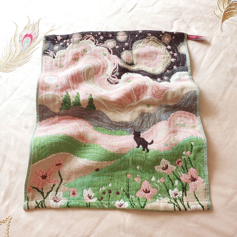 Pastoral Cats 100% Cotton Four-layer Gauze Towel Printed Hand Towel No Fading for Bathroom Kids Adults