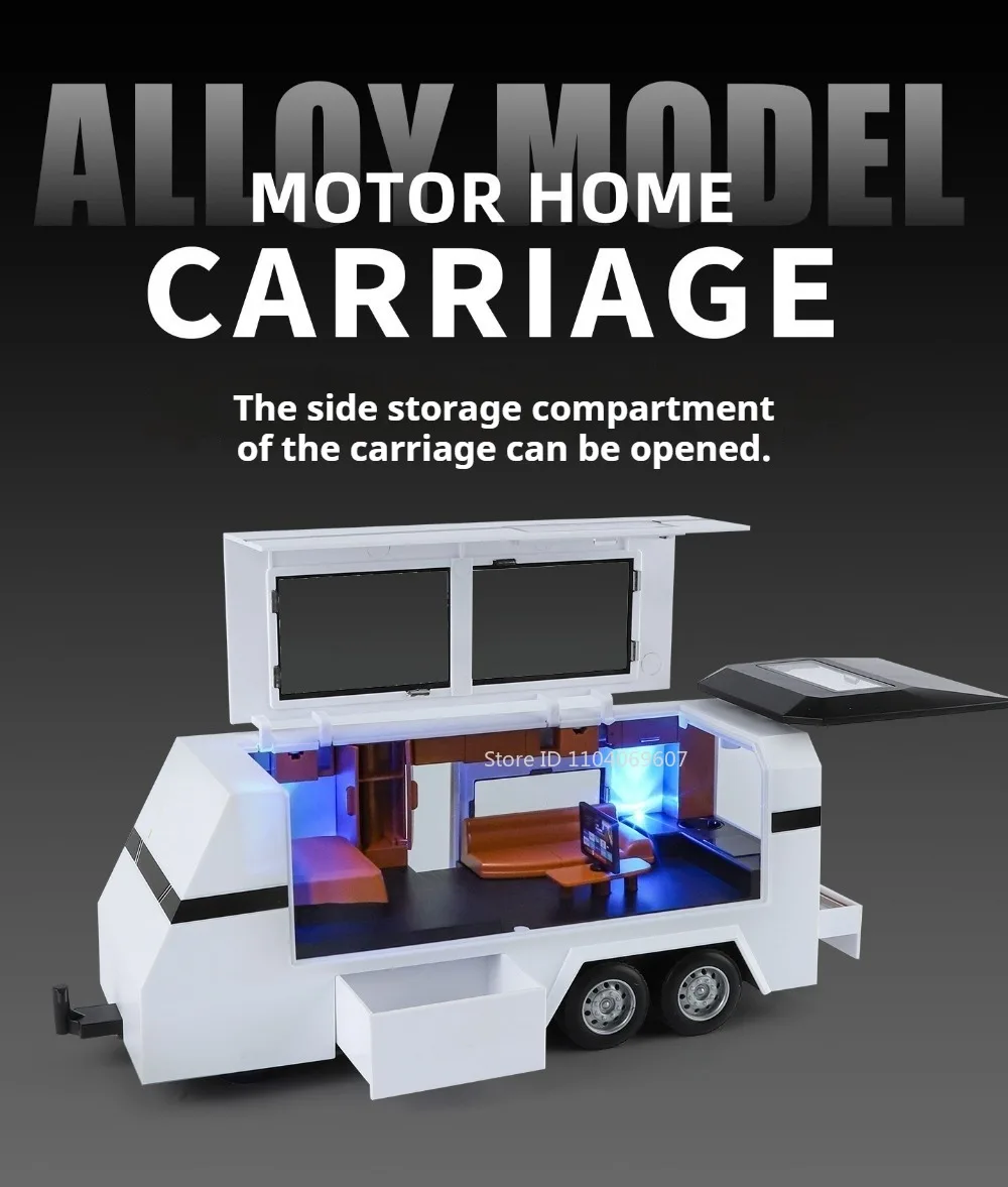 1:24 Pickup Trailer Motorhome Alloy Diecast Robotaxi Car Toys Model Sound Light Pull Back Doors Opened RV Children Festival Gift
