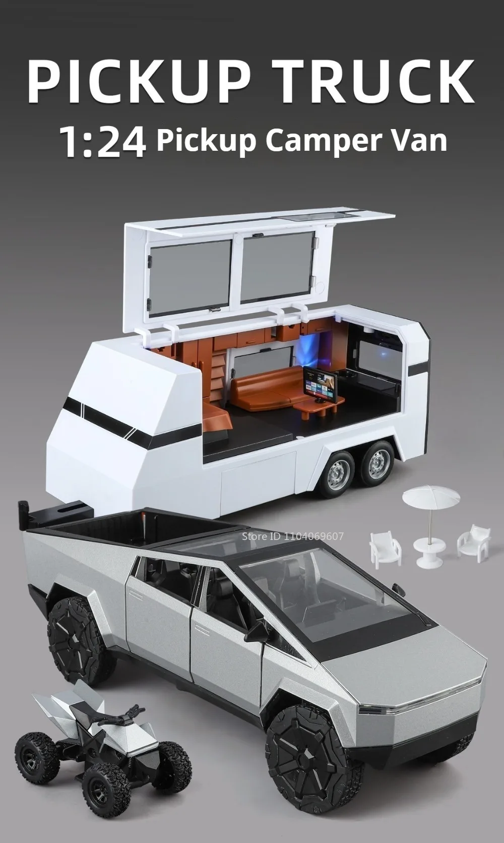 1:24 Pickup Trailer Motorhome Alloy Diecast Robotaxi Car Toys Model Sound Light Pull Back Doors Opened RV Children Festival Gift