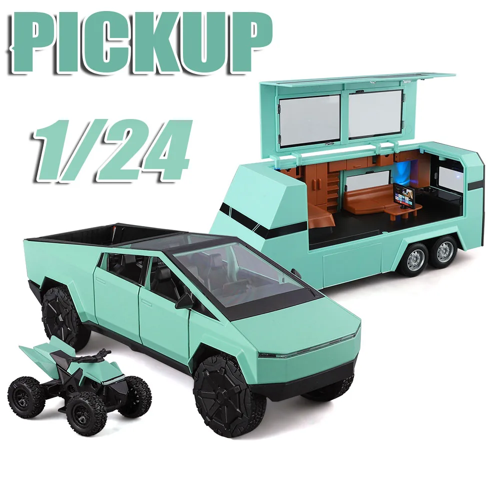 1:24 Pickup Trailer Motorhome Alloy Diecast Robotaxi Car Toys Model Sound Light Pull Back Doors Opened RV Children Festival Gift