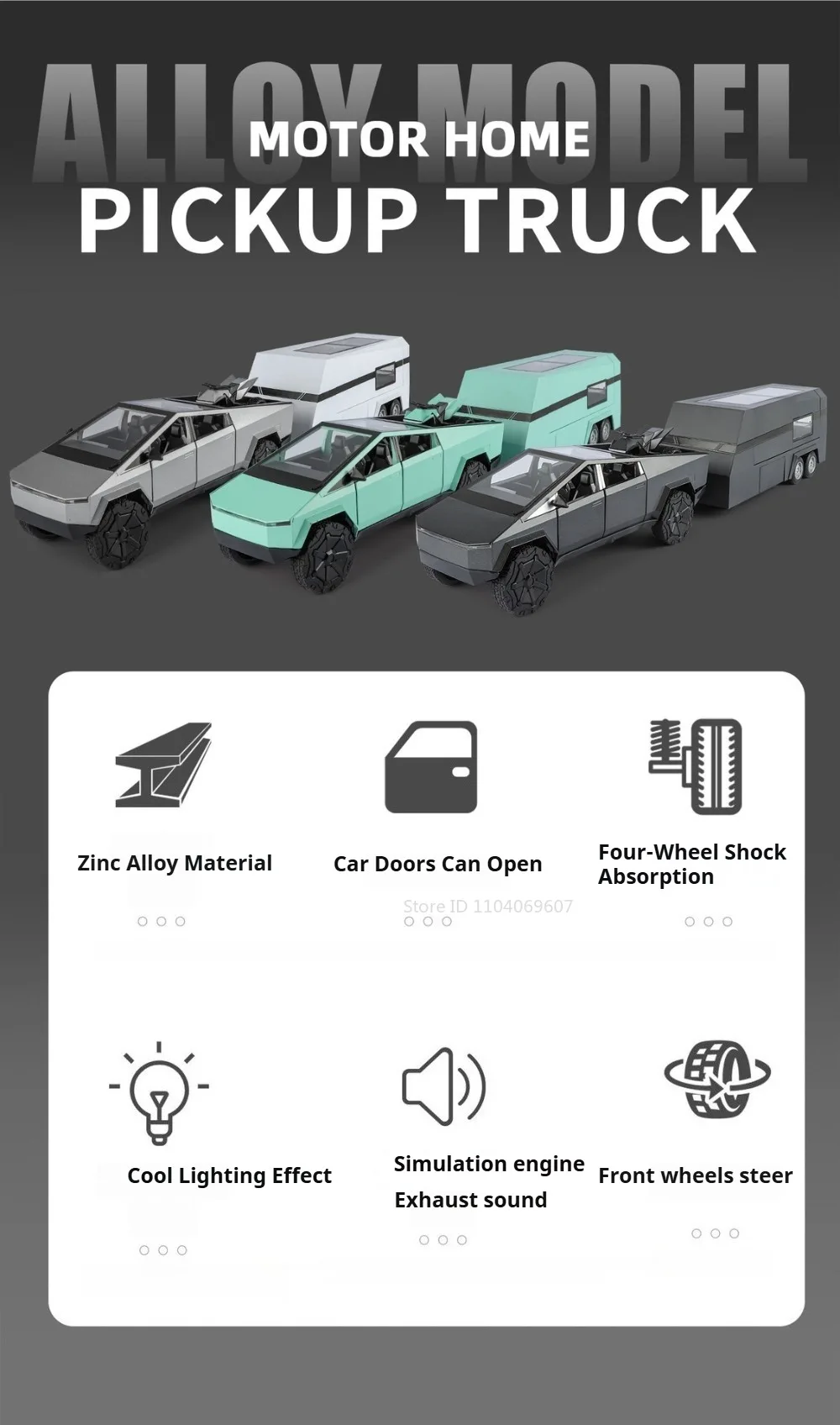 1:24 Pickup Trailer Motorhome Alloy Diecast Robotaxi Car Toys Model Sound Light Pull Back Doors Opened RV Children Festival Gift