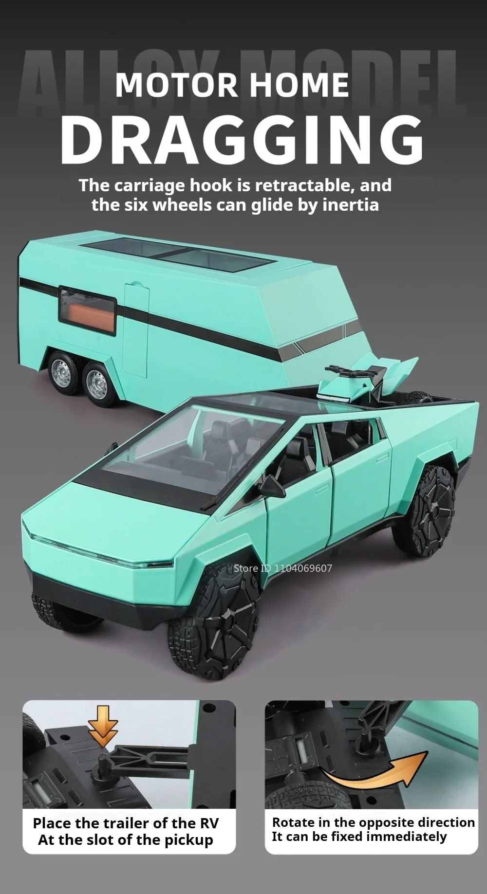 1:24 Pickup Trailer Motorhome Alloy Diecast Robotaxi Car Toys Model Sound Light Pull Back Doors Opened RV Children Festival Gift