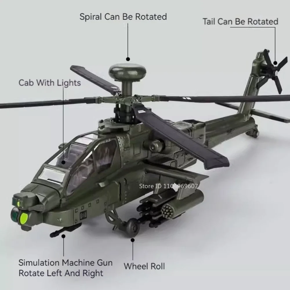 1:32 Scale AH-64 Airplane Model Toy Car Alloy Diecast Rotatable Propeller Sound Light Fighter Vehicle Models for Kids Gifts