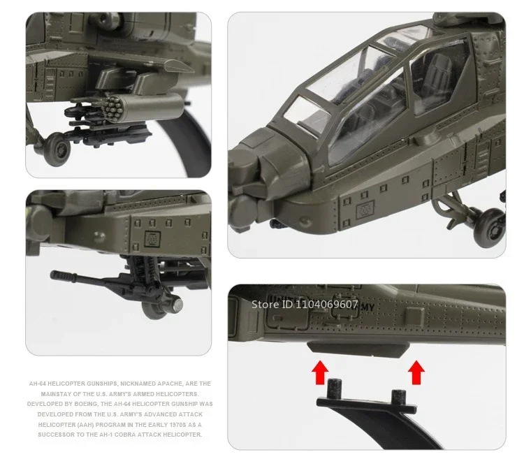 1:32 Scale AH-64 Airplane Model Toy Car Alloy Diecast Rotatable Propeller Sound Light Fighter Vehicle Models for Kids Gifts