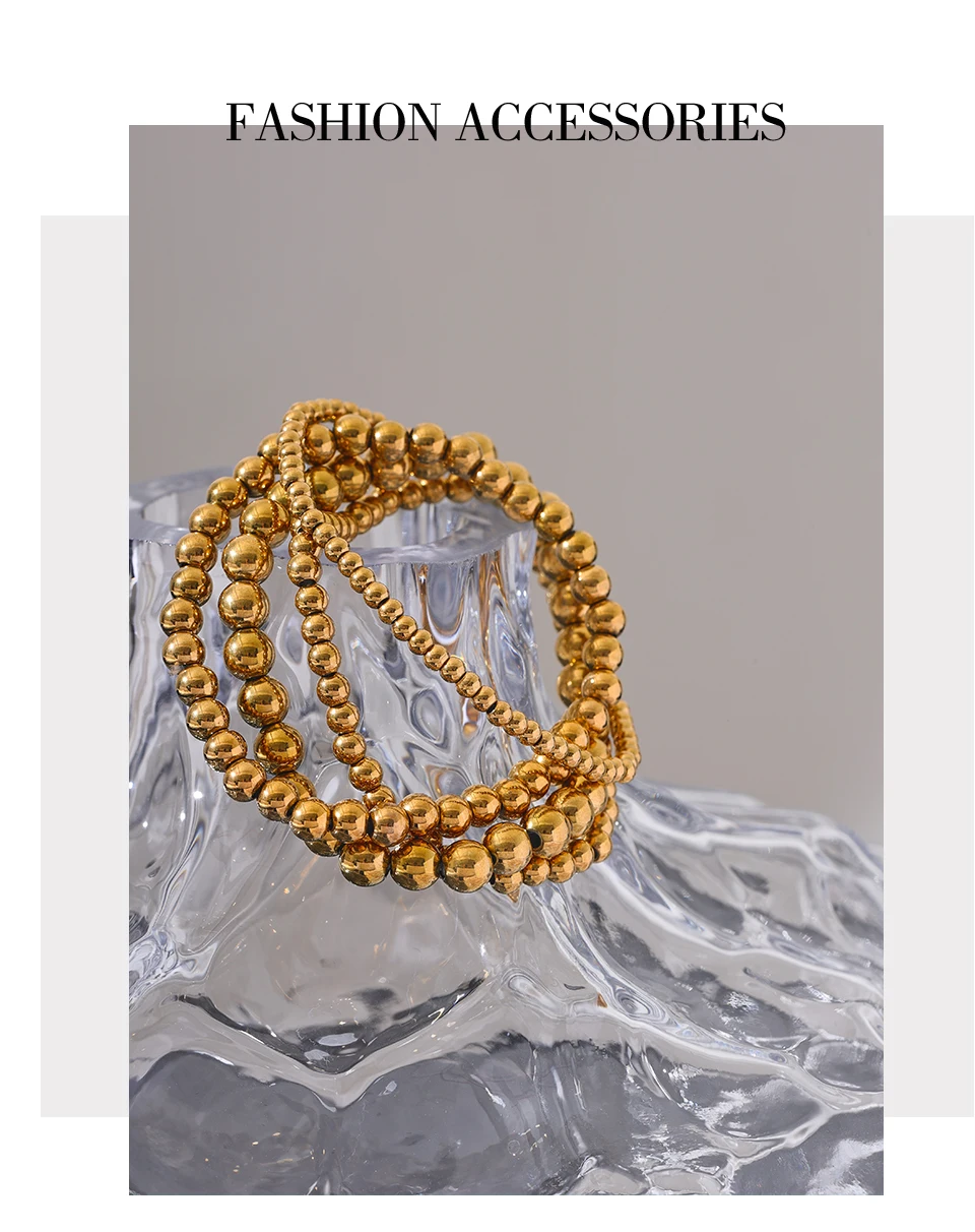 Yhpup 3/4/5/6 MM Stainless Steel Beads Daily Handmade Elastic Bracelet Bangle Waterproof Wrist Wholesale Gold Color Jewelry Men