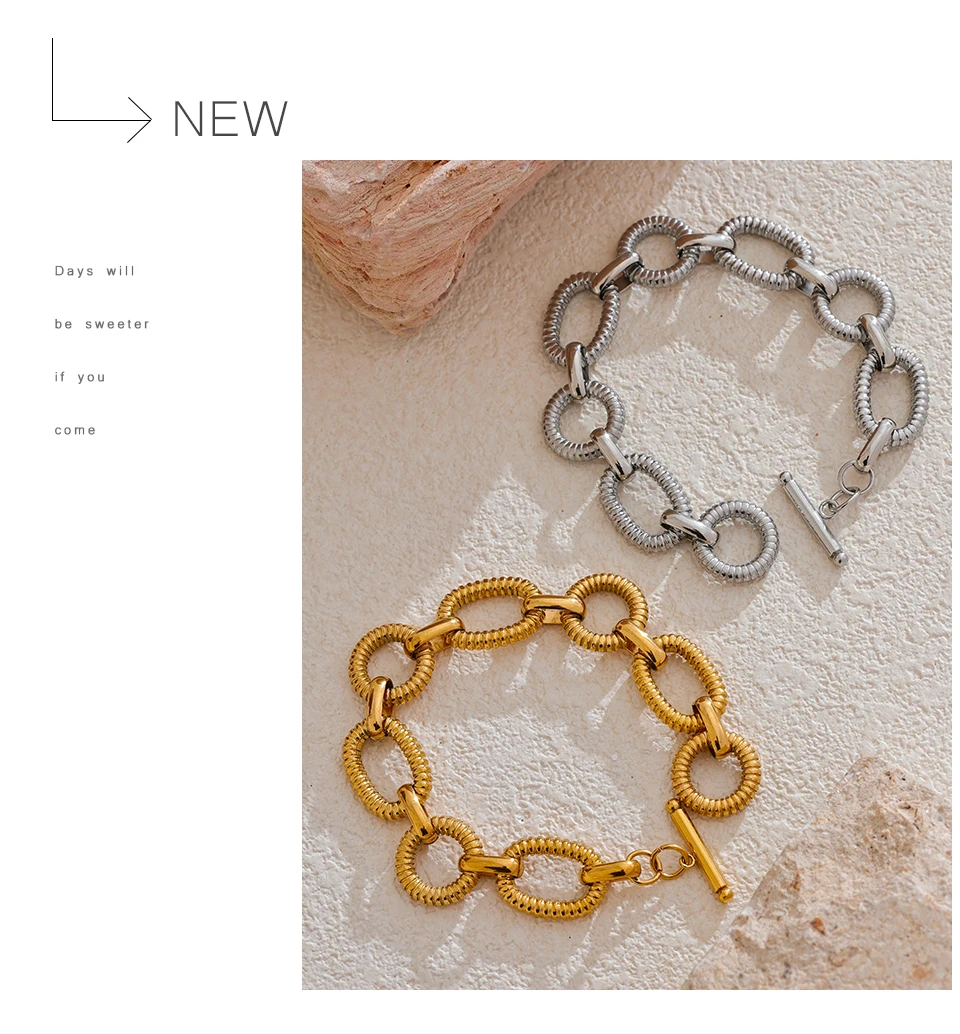 Yhpup 316L Stainless Steel Metal Texture Oval Chain Bracelet Bangle Men Women 18K PVD Plated Toggle-Clasps Statement Jewelry