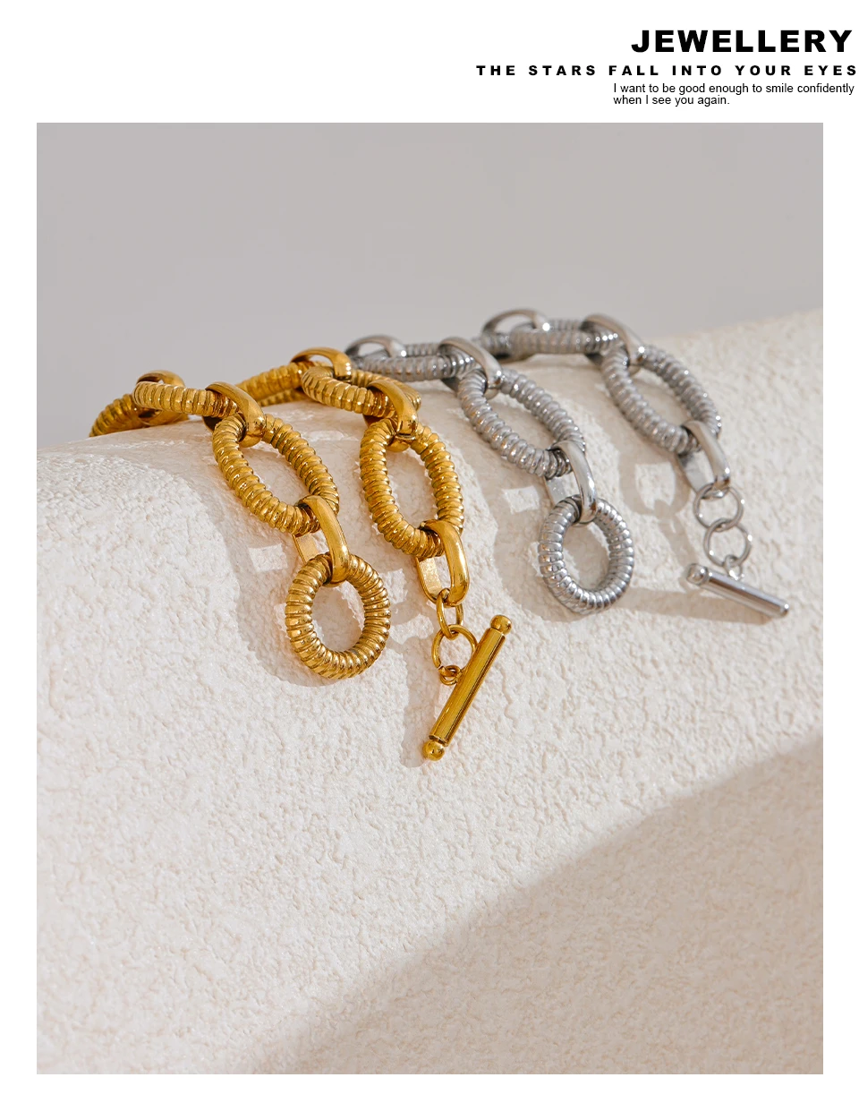 Yhpup 316L Stainless Steel Metal Texture Oval Chain Bracelet Bangle Men Women 18K PVD Plated Toggle-Clasps Statement Jewelry