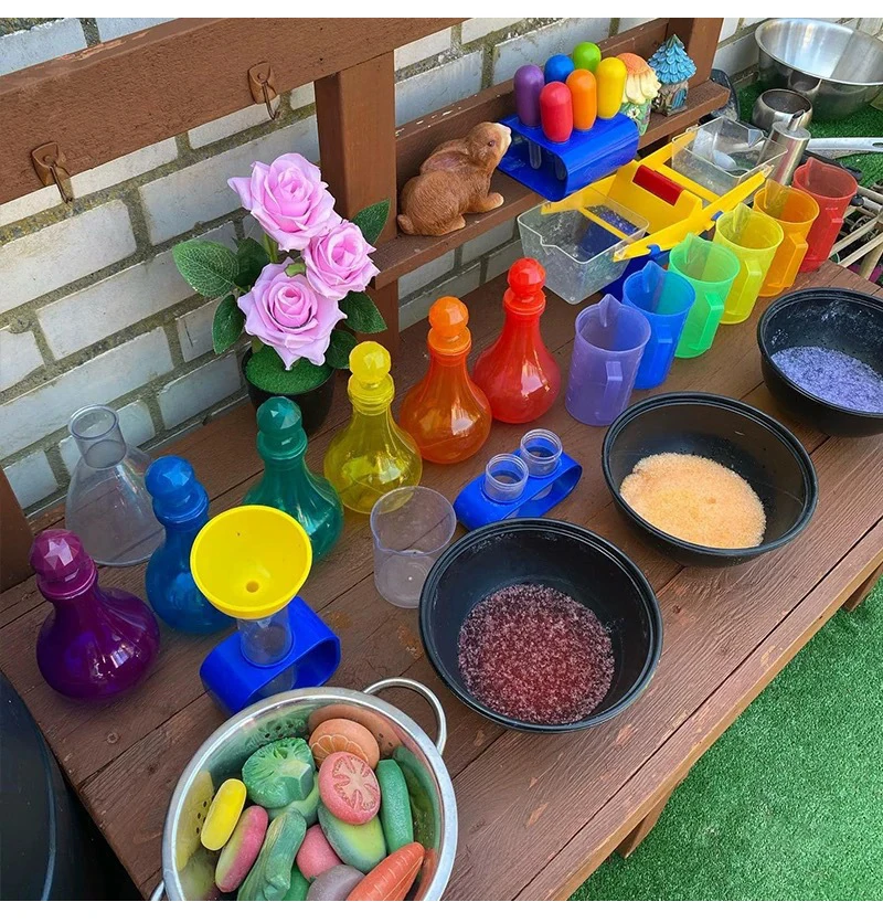 Sand Water Game Open-ended Montessori Toys Kids Transparent Rainbow Measuring Cup Bowl Funnel Clip Spoon Plate Magic Bottle Pipe