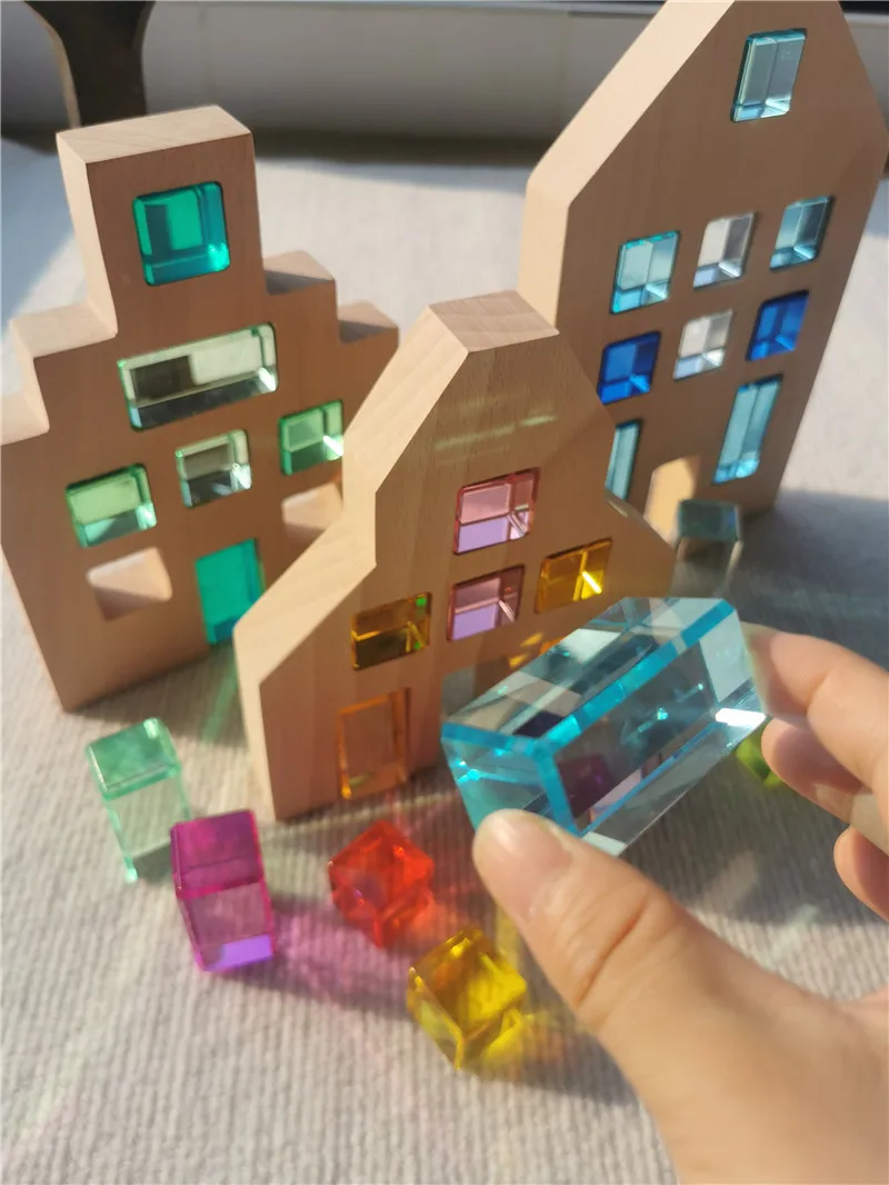 Kids Montessori Wooden Toys Large Dutch Wood House Big Wall Lucite Cube Creative Education Blocks Birthday Gift