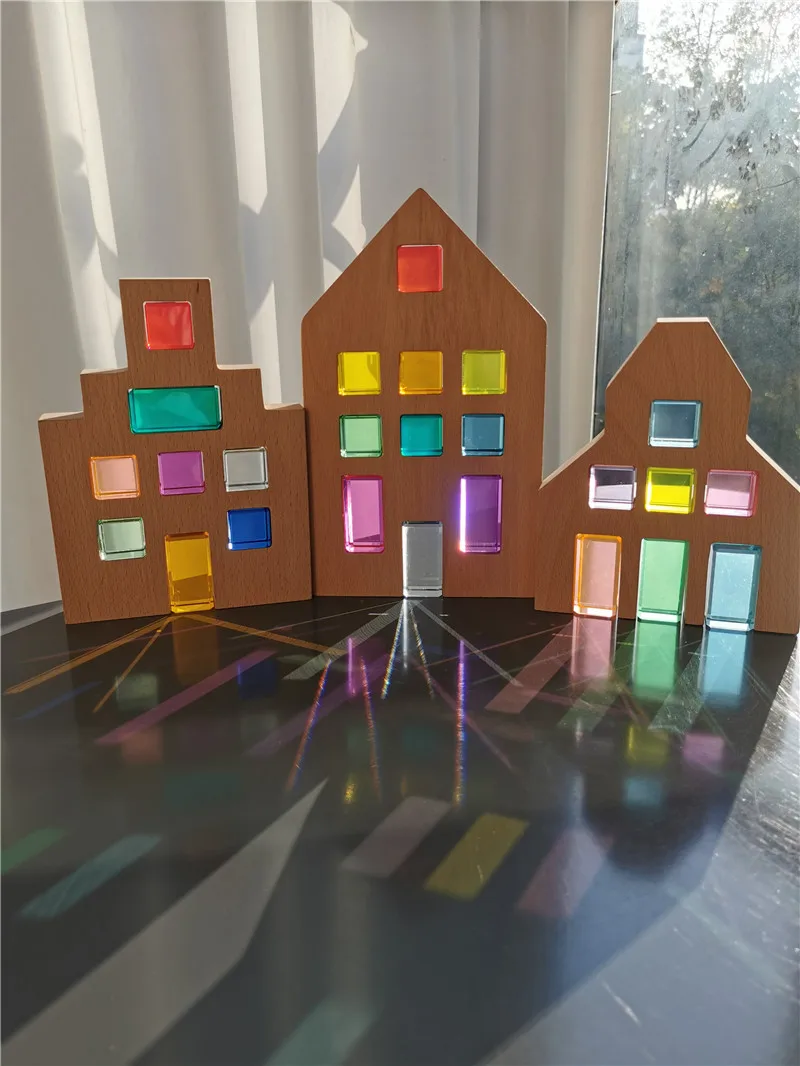 Kids Montessori Wooden Toys Large Dutch Wood House Big Wall Lucite Cube Creative Education Blocks Birthday Gift
