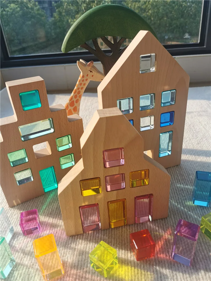 Kids Montessori Wooden Toys Large Dutch Wood House Big Wall Lucite Cube Creative Education Blocks Birthday Gift