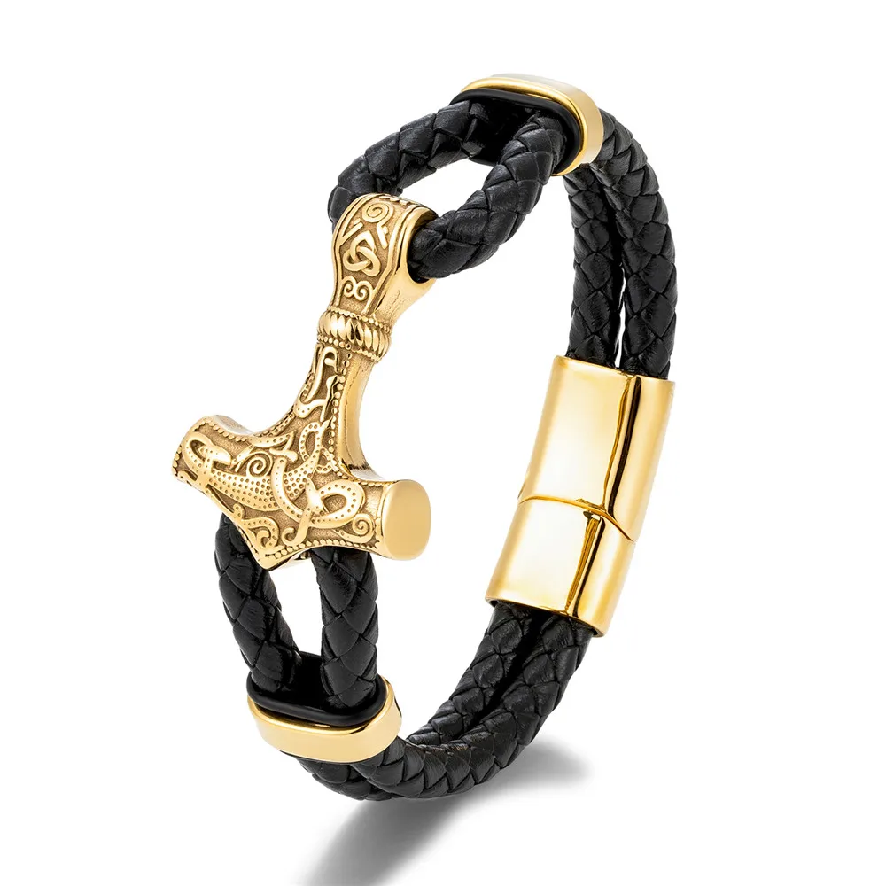 MKENDN Gothic Punk Mens Black Leather Braided Wristband with Thor's Hammer Pendant Leather Cuff Wristband Stainless Steel Buckle