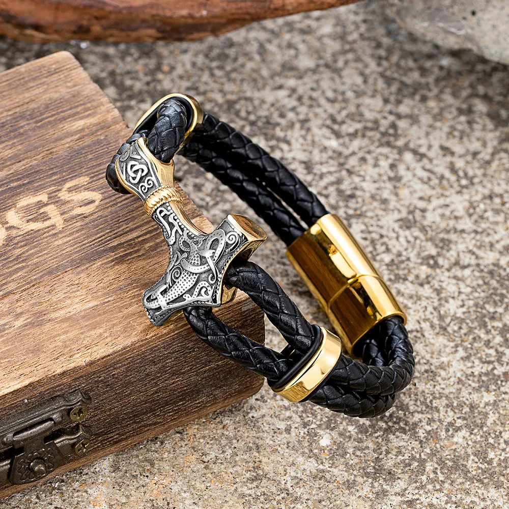MKENDN Gothic Punk Mens Black Leather Braided Wristband with Thor's Hammer Pendant Leather Cuff Wristband Stainless Steel Buckle