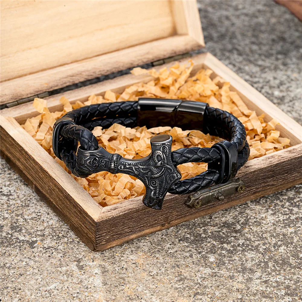 MKENDN Gothic Punk Mens Black Leather Braided Wristband with Thor's Hammer Pendant Leather Cuff Wristband Stainless Steel Buckle