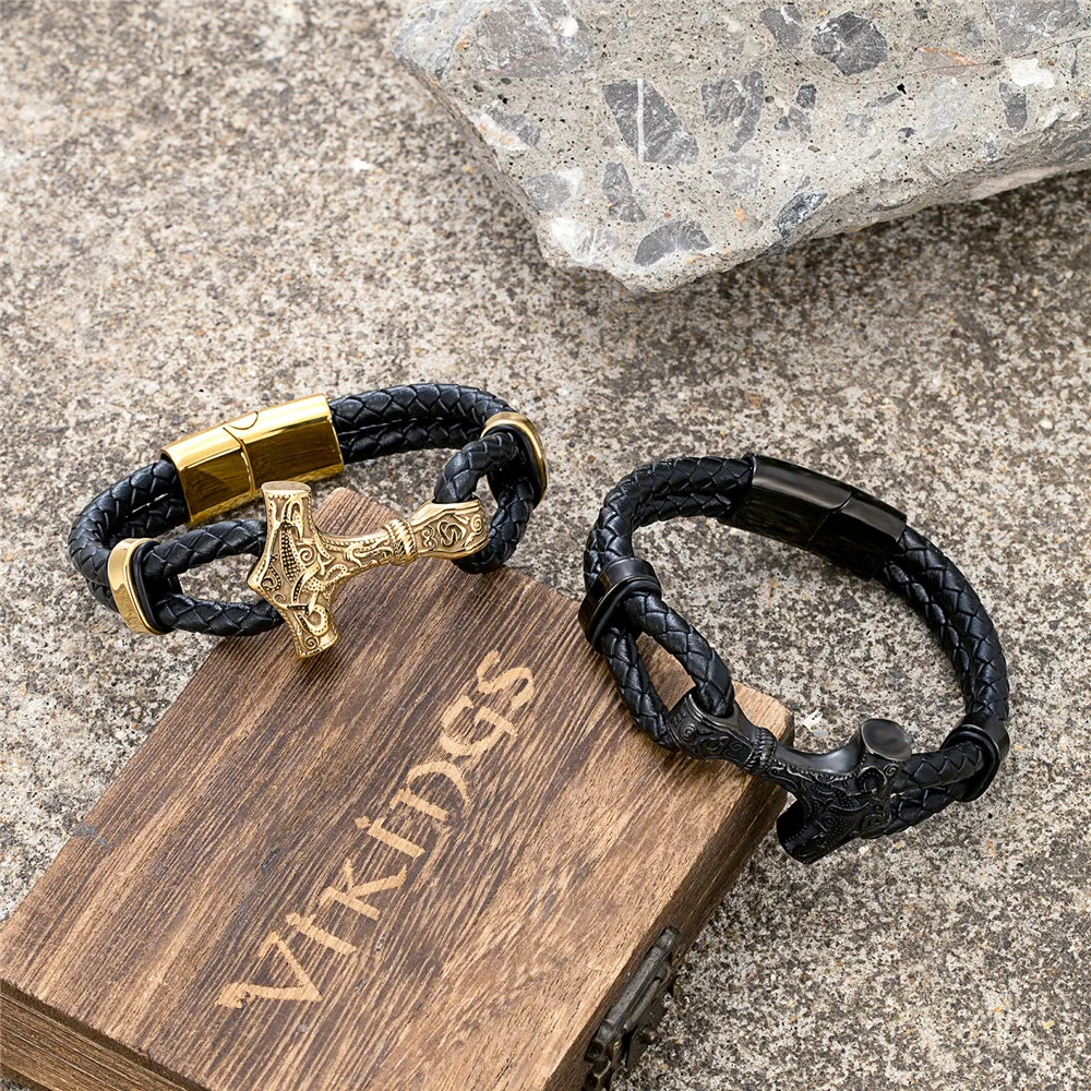 MKENDN Gothic Punk Mens Black Leather Braided Wristband with Thor's Hammer Pendant Leather Cuff Wristband Stainless Steel Buckle