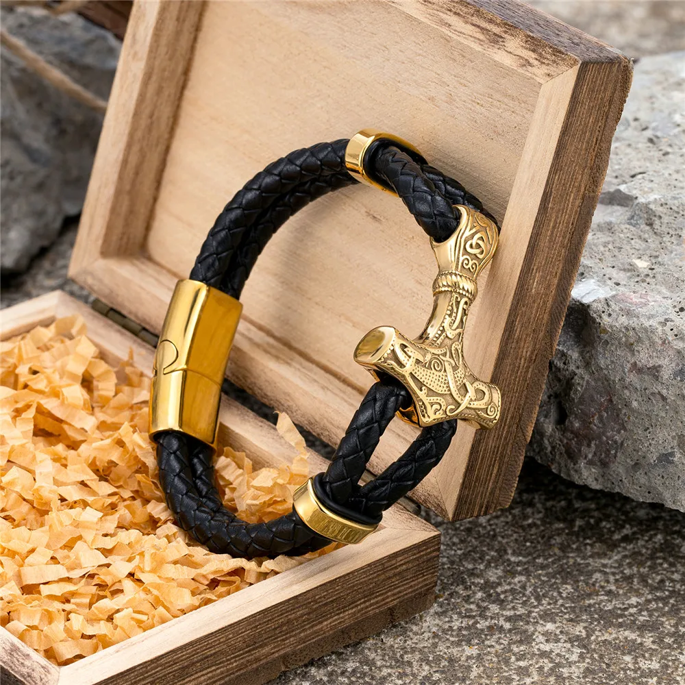 MKENDN Gothic Punk Mens Black Leather Braided Wristband with Thor's Hammer Pendant Leather Cuff Wristband Stainless Steel Buckle