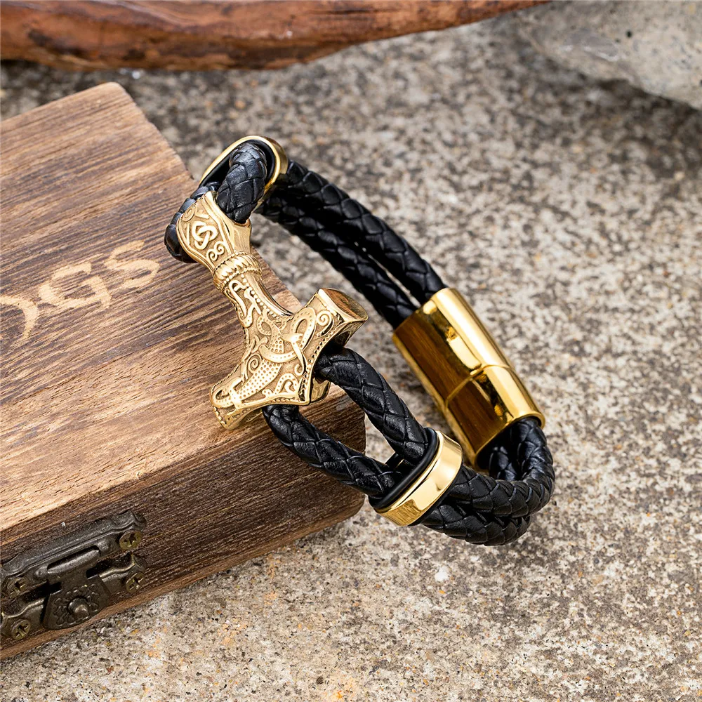 MKENDN Gothic Punk Mens Black Leather Braided Wristband with Thor's Hammer Pendant Leather Cuff Wristband Stainless Steel Buckle