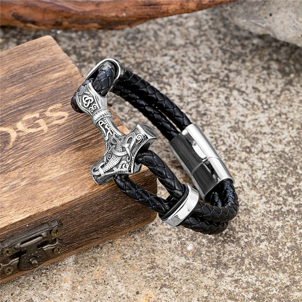 MKENDN Gothic Punk Mens Black Leather Braided Wristband with Thor's Hammer Pendant Leather Cuff Wristband Stainless Steel Buckle