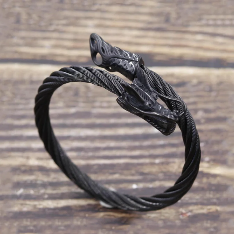 MKENDN Men Punk Viking Black Dragon Bangles Non-fading Stainless Steel Bracelet Vintage Open Cuff Charm Jewelry Norse Jewelry