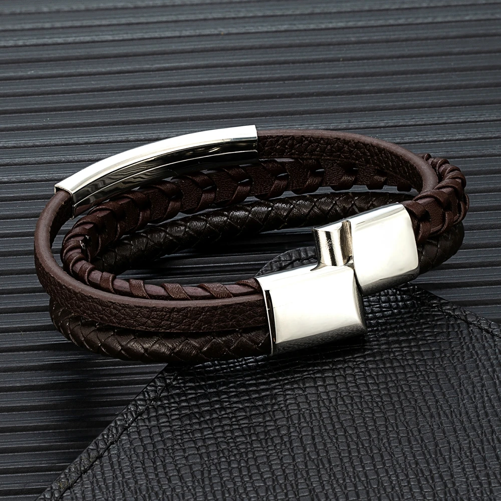 MKENDN Fashion Men Braided Rope Multilayer Leather Bracelet Matte Black Stainless Steel Bangle Hand-woven Jewelry Gifts