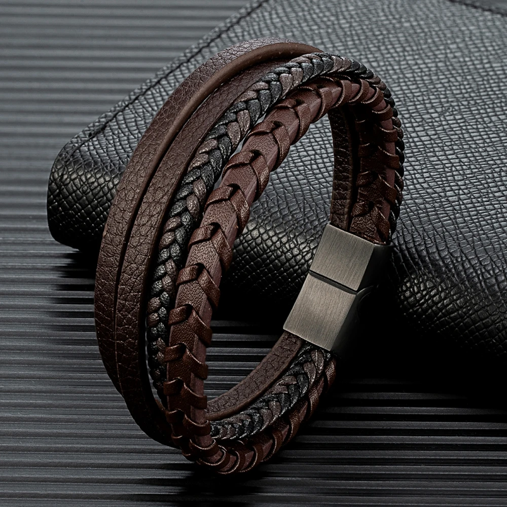 MKENDN Fashion Men Braided Rope Multilayer Leather Bracelet Matte Black Stainless Steel Bangle Hand-woven Jewelry Gifts