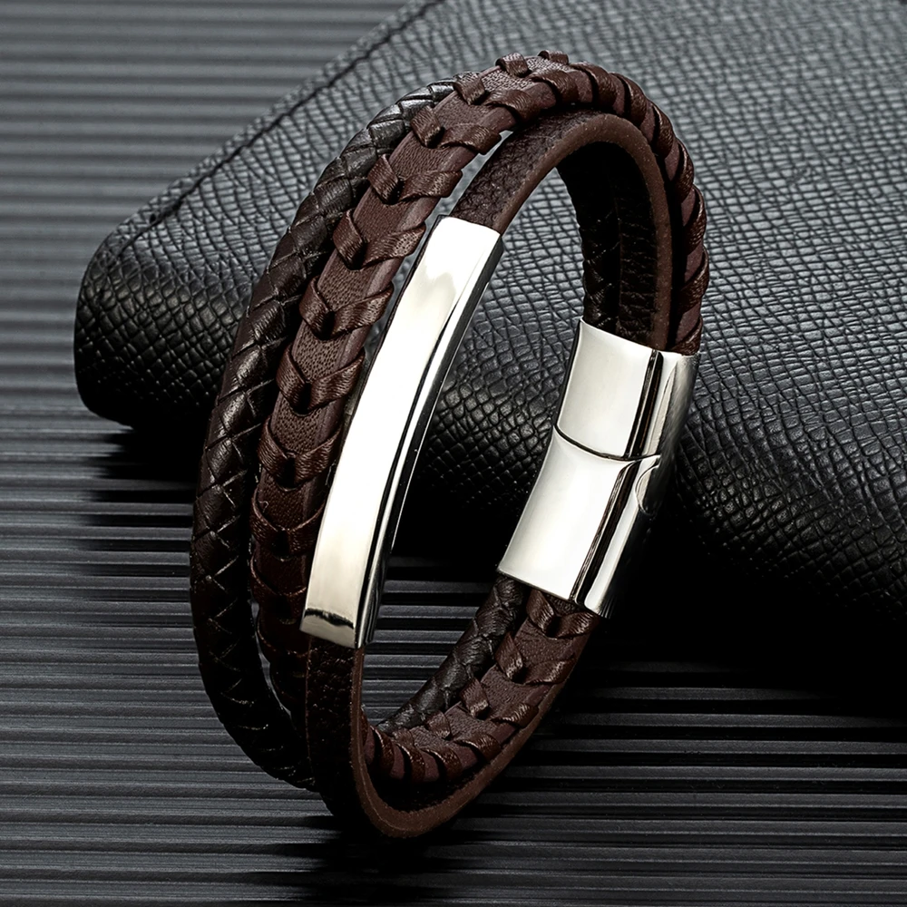 MKENDN Fashion Men Braided Rope Multilayer Leather Bracelet Matte Black Stainless Steel Bangle Hand-woven Jewelry Gifts